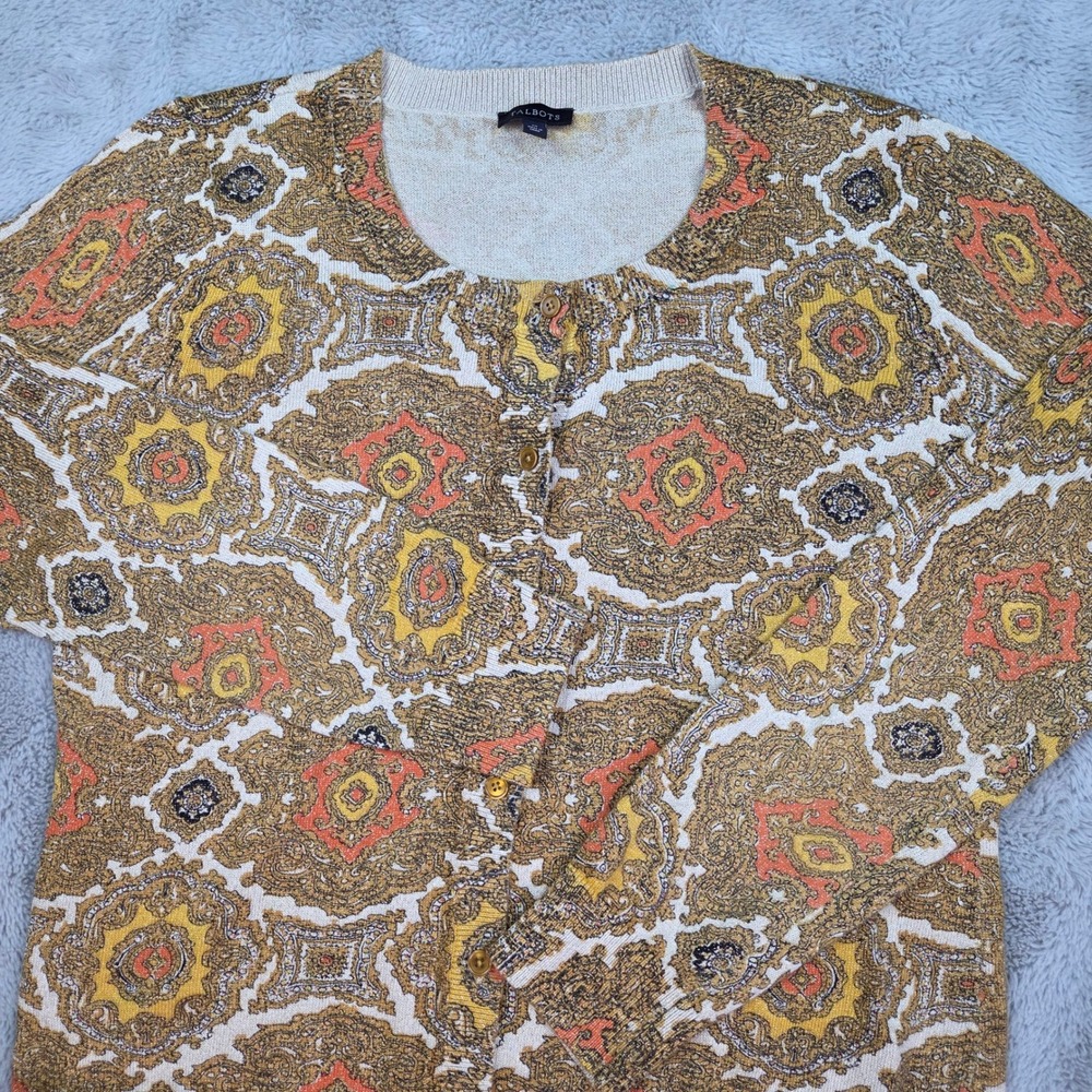 Talbots Cardigan Womens M Medallion Paisley Metallic Shimmer Button Front Gold